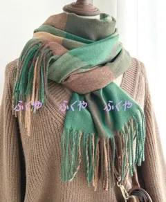 24H以内発送★カシミヤ混チェック柄リバーシブルカシミヤマフラー♪317GRE