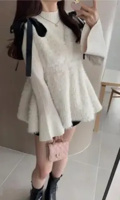 Vネックリボンファーペプラムチュニック[gn333]