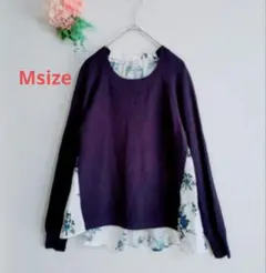 h039　グローバルワーク【M】ニット/ブラウス/異素材/紺系/花柄/