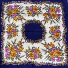 【絹100%/日本製】ヴィンテージ 大判スカーフ 花柄 紺