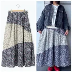 サマンサモスモス　花柄パッチワークティアードスカート　ネイビー　新品