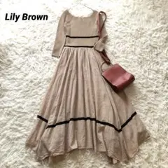 美品✨リリーブラウン【F】ニット布帛ドッキングワンピース コットン混　ベージュ