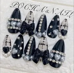 【SALE中】 地雷 量産型 チェック リボン ハート　パール ネイルチップ