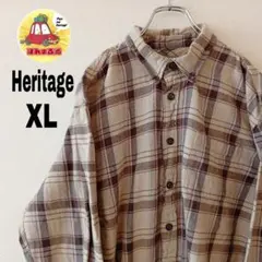 USA古着 HERITAGE ネルシャツ　XL ベージュ　ブラウン　チェック