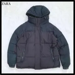 ZARA ザラ フード付きダウンジャケット 黒×ダークグリーン あったか 防寒