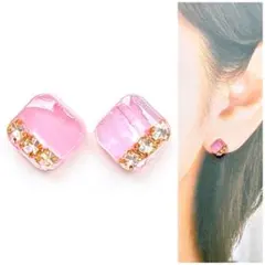 ピンク7mmスクエアピアス/イヤリング　再販