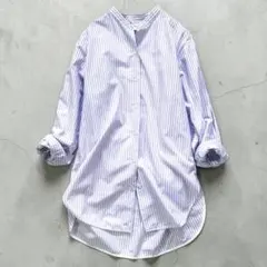 Spick&Span バンドカラーロングシャツ ストライプ パープル コットンのサムネイル
