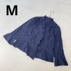 レース フリル 花柄 フレア袖口 透け感 七分袖 ブラウス ネイビー M