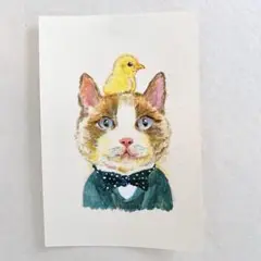 【原画】猫とひよこ ポストカード(一点もの)