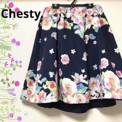 美品♡ チェスティ　フレアスカート　ふんわり　花柄　お上品　大人可愛い　濃紺 S