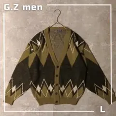 日本製 G.Z men アーガイル柄 ニットカーディガン L相当 オリーブ 総柄