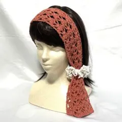 コーラルピンク　レース編み　ミニマフラー　シュシュ　セット　ハンドメイド