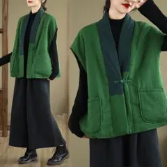 アウター バイカラー 切り替え 暖かい レトロ＆ゆったり ベスト ポケット付き