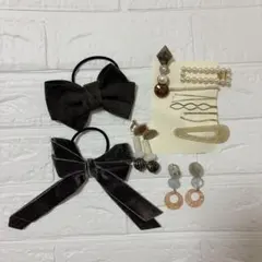 リボン付きヘアゴム ヘアクリップ イヤリング セット