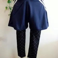 ドット柄七分丈レギンス付きフィットネスパンツ12★紺Ｍ