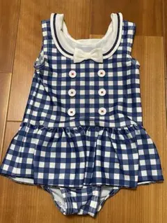ベビー水着 女の子 青と白のチェック 70 セーラーカラー Combi