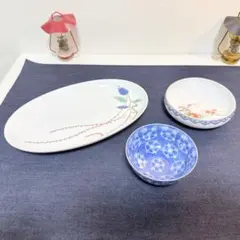宮内庁御用達 深川製磁 富士流水 楕円皿 小鉢 3点セット 有田焼 訳あり