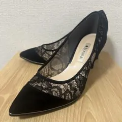 【極美品】ダイアナ 23cm パンプス レース スエード 黒 ハイヒール 結婚式