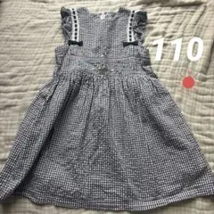 110 ワンピース　夏　チェック　青　綿100 花柄　リボン