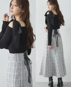 BackレースUPツイードマーメイドスカート ホワイト