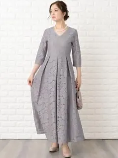 七分袖総レースフォーマルロングワンピース・ドレス