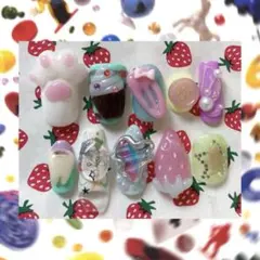 ネイルチップ 平成女児 個性派 現品 苺お菓子フェアリーグランジ ダックネイル