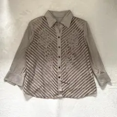 ブラウス 長袖 ピンタック 花柄 透け感 コットン グレージュ L