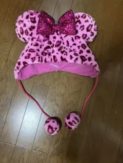 ミニーマウス風ピンクヒョウ柄帽子
