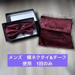 【使用1回のみ】メンズ 蝶ネクタイ＆ポケットチーフ セット　ワインレッド