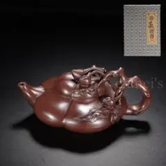 中国古美術・原鉱紫泥壽桃紫砂壺・底款：汪寅仙・紫砂壺・急須・茶壺・茶道具・置物