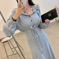 ロング丈セットアップ✨ワンピ+パーカー 韓国風細見え 冬春デート用