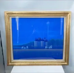 松浦敬文 水辺の城 額装 絵画 白馬 城 ブルー 風景画 油彩画 真作