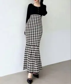 【完売品】RESEXXY ハウンドトゥースマーメイドニットワンピース　ブラック