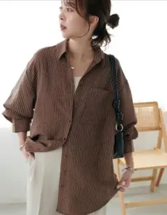 【未使用】ディスコート　配色ストライプシャツ　ブラウン