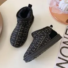 23cm ツイード ムートン ブーツ 裏起毛 厚底 ブラック 520 N01