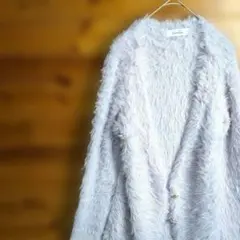ファーコート　カーディガン　シャギーニット　ロング丈　薄紫　フリーサイズ　古着