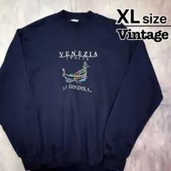 イタリア製　Vintage　スウェット　XL　ネイビー　刺繍　ロゴ　裏起毛　古着