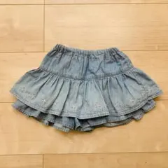 【美品】フリルスカート風キュロット 90 薄手デニム 白刺繍 夏も快適