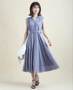 美品】リネンライクワンピース≪洗濯機で洗える≫ビアッジョブルー