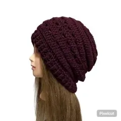 えんじ　ボルドー 赤　透かし編み　ビーニー　帽子　ウール　バケットハット　冬