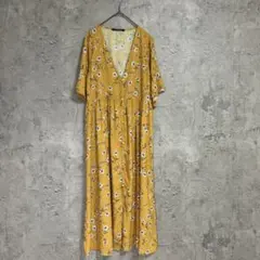 イング　美品　半袖　ロングワンピース　総柄　花柄　M マスタードイエロー　春　夏