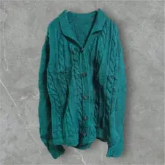 ケーブル編みニットカーディガン グリーン 厚手ニット 羽織り 古着 襟付き