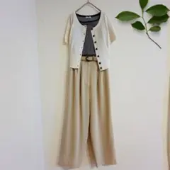 タックワイドパンツ（L）ベージュ　大人シンプル