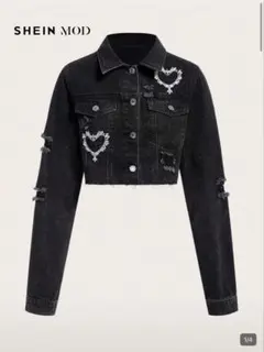 SHEIN MOD ハート刺繡 ダメージ加工 裾切りっぱなし デニムジャケット