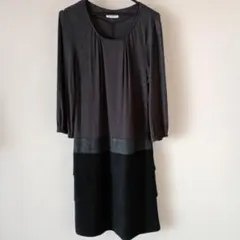 グレー＆ブラック　異素材長袖ひざ丈ワンピース　チュニック