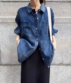 新品未使用DOUDOU 袖リブシアーデニムシャツ ダークブルー sizeFlee