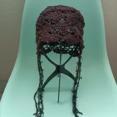 サマーニット　ビーニー　ハンドメイド　ボンネット　かぎ針編み　ブラウン　コットン