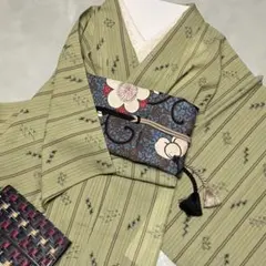 【NEW】単衣仕立て 渋みのある若草色 縦柄 格子柄 柔らか質感 着物