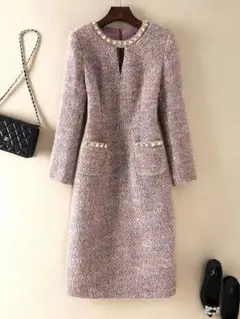 ウールblend長袖ワンピース　ハンドビーズ　秋冬コーデ　パープルピンク系