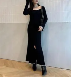 24AW【アニュアンス】マーメイドニットワンピース　バイカラー　長袖　ロング　黒